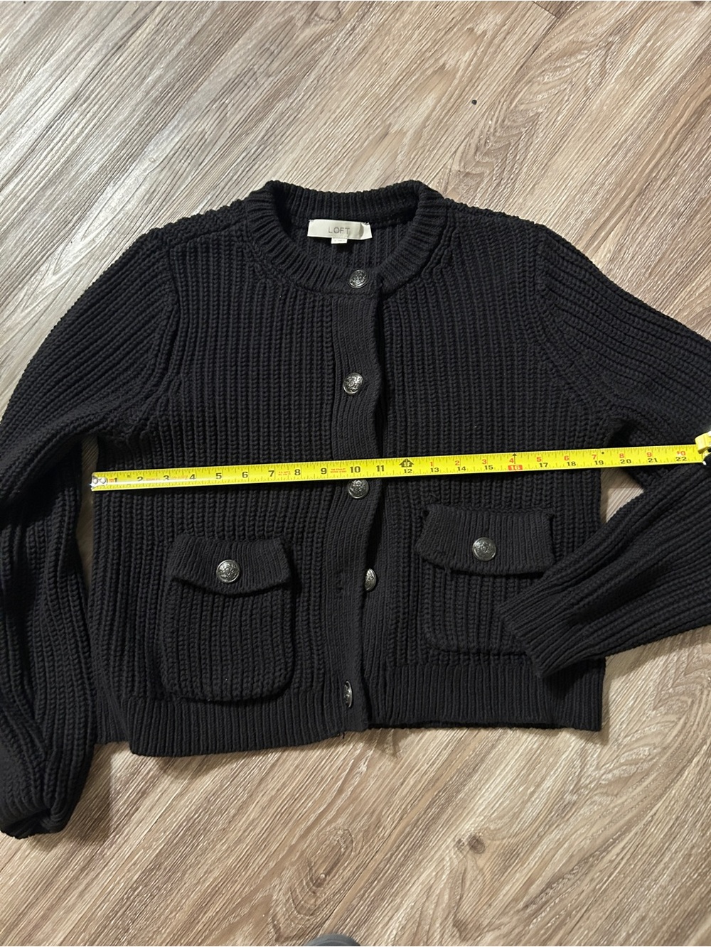 LOFT Black Cropped Ribbed Button-Up Cardigan